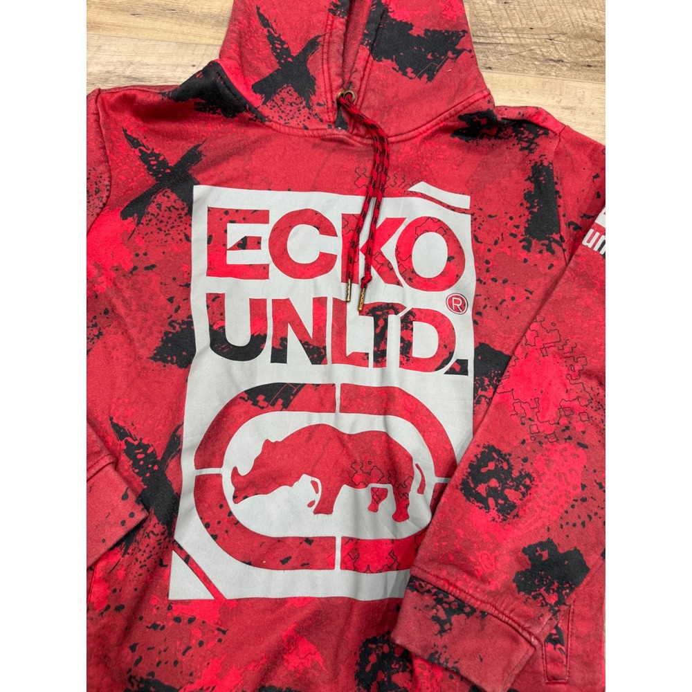 Ecko Unltd Mens Red Black Splatter Rhino Logo‎ Graphic Hoodie Sweatshirt Size M - Picture 2 of 11